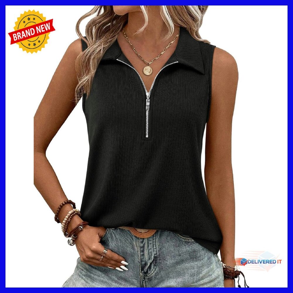 Ribbed Zipper V-Neck Tank Top Sleeveless Blouse Work Casual
